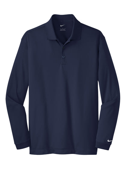 Men's Nike Dri-FIT stretch performance long sleeve polo shirt in midnight navy, flat front view.