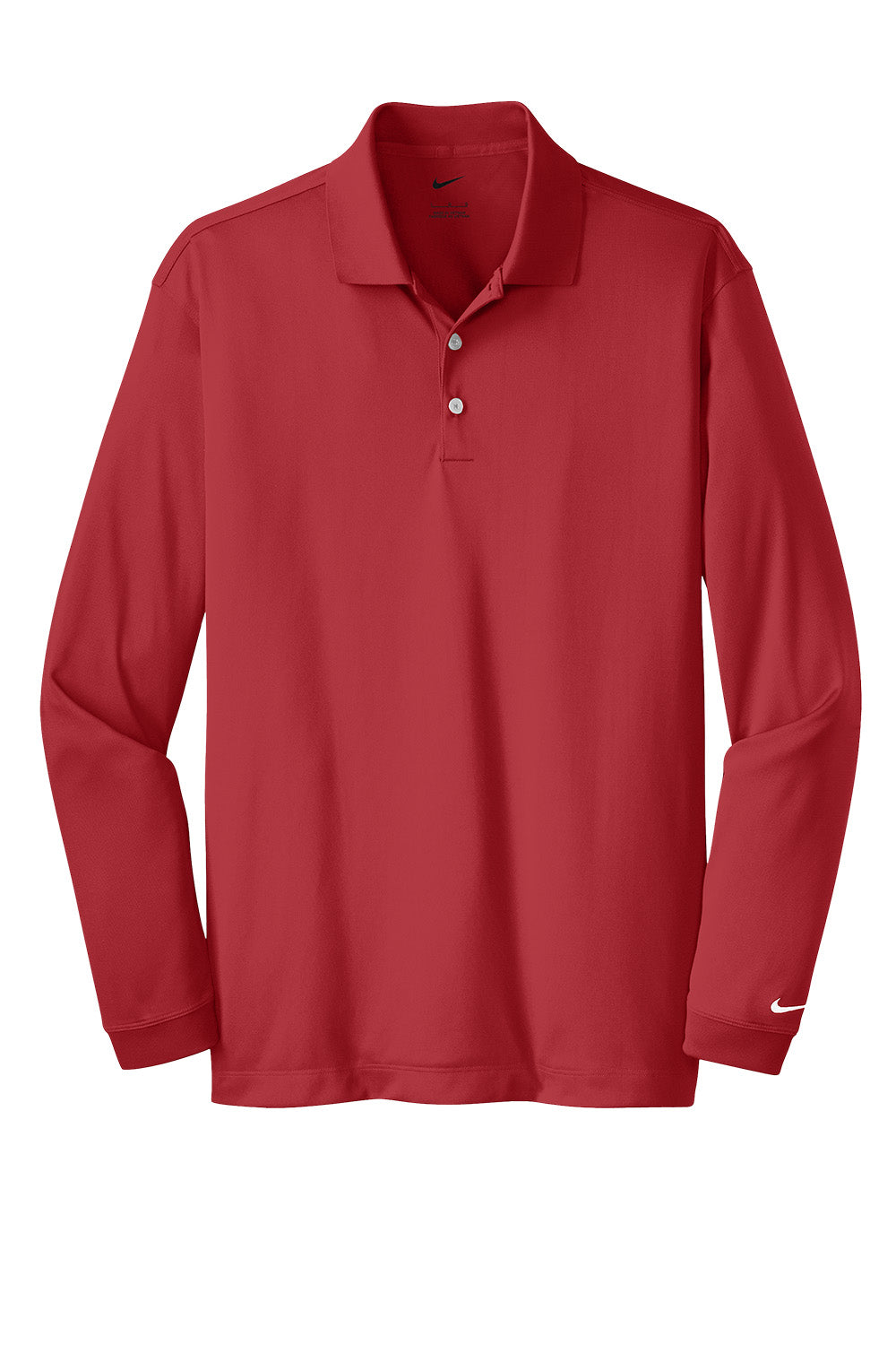 Men's Nike Dri-FIT stretch long sleeve polo shirt in varsity red, flat front view showcasing performance and comfortable fit.
