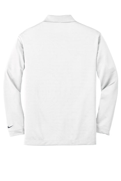 White Nike Dri-FIT stretch men's long sleeve polo shirt with flat back design, made for performance and comfort.