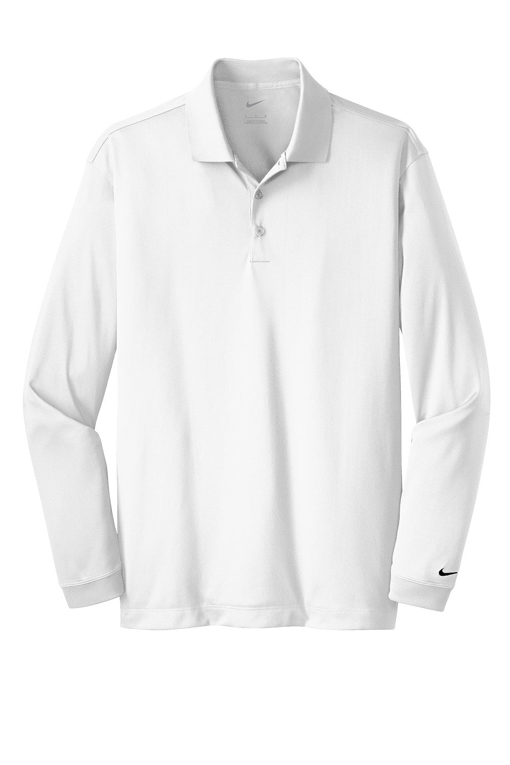 White Nike Dri-FIT stretch men's long sleeve polo shirt with flat front design, ideal for performance and casual wear.