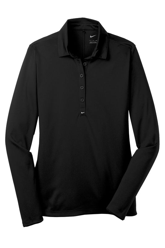 Black Nike Women's Long Sleeve Dri-FIT Stretch Tech Polo, front view showing breathable fabric and fitted design.