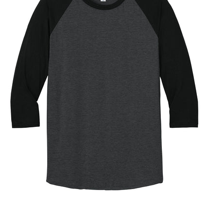  Jerzees® Unisex Premium Blend Combed Ring-Spun 3/4-Sleeve Raglan Tee - Front view black with contrast sleeves; moisture-wicking premium blend