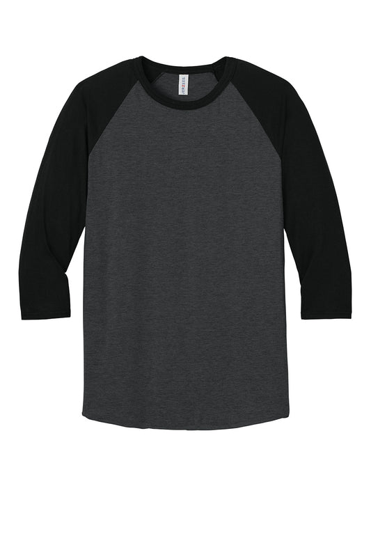 Print-View Jerzees unisex black and heather gray 3/4-sleeve raglan tee with long sleeves and premium combed ring-spun cotton fabric.