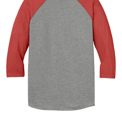 Jerzees® Unisex Premium Blend Combed Ring-Spun 3/4-Sleeve Raglan Tee - Back view red; shows straight back, drop tail hem; ideal for custom name/number printing
