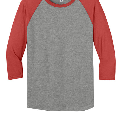 Jerzees® Unisex Premium Blend Combed Ring-Spun 3/4-Sleeve Raglan Tee - Front view red body with contrasting raglan sleeves; soft premium blend and classic baseball styling