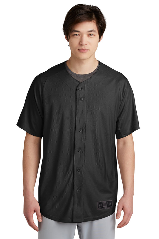 Black New Era Diamond Era full-button baseball jersey with team logo and detailed stitching, front view.
