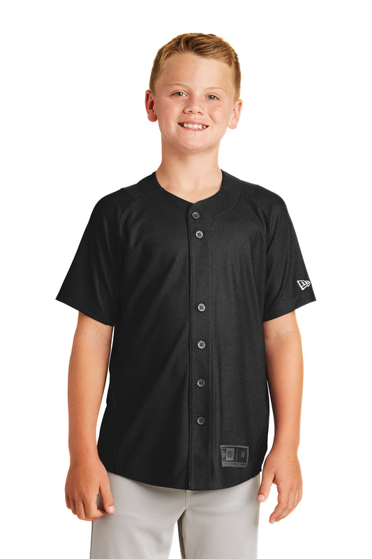 Black New Era Youth Diamond Era full-button baseball jersey with team logo and branding on the front.