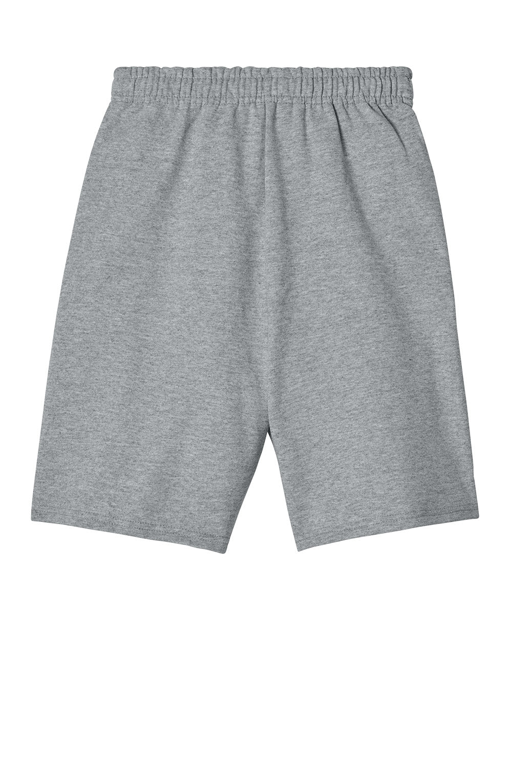 Unisex Jerzees NuBlend pocketed sweat shorts in athletic heather, showing the back view with a relaxed fit and elastic waistband.
