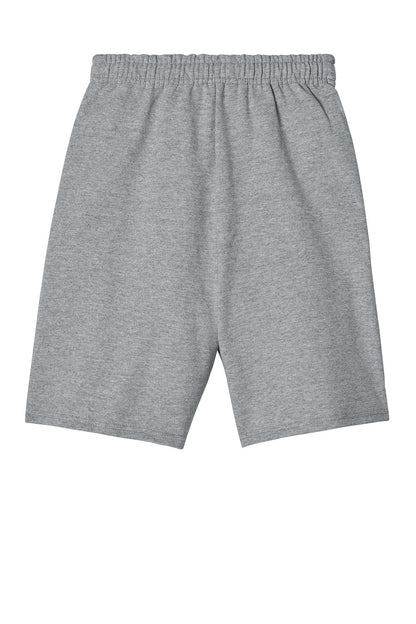 Unisex Jerzees NuBlend pocketed sweat shorts in athletic heather, showing the back view with a relaxed fit and elastic waistband.