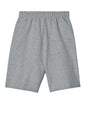 Unisex Jerzees NuBlend pocketed sweat shorts in athletic heather, showing the back view with a relaxed fit and elastic waistband.