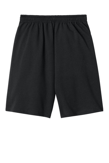 Black Jerzees® Unisex NuBlend® Pocketed Sweat Shorts, Print-View brand, shown from the back with front pockets and a relaxed fit.