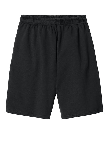 Black Jerzees Unisex NuBlend pocketed sweatshorts with flat front, made by Print-View, designed for comfort and everyday wear.