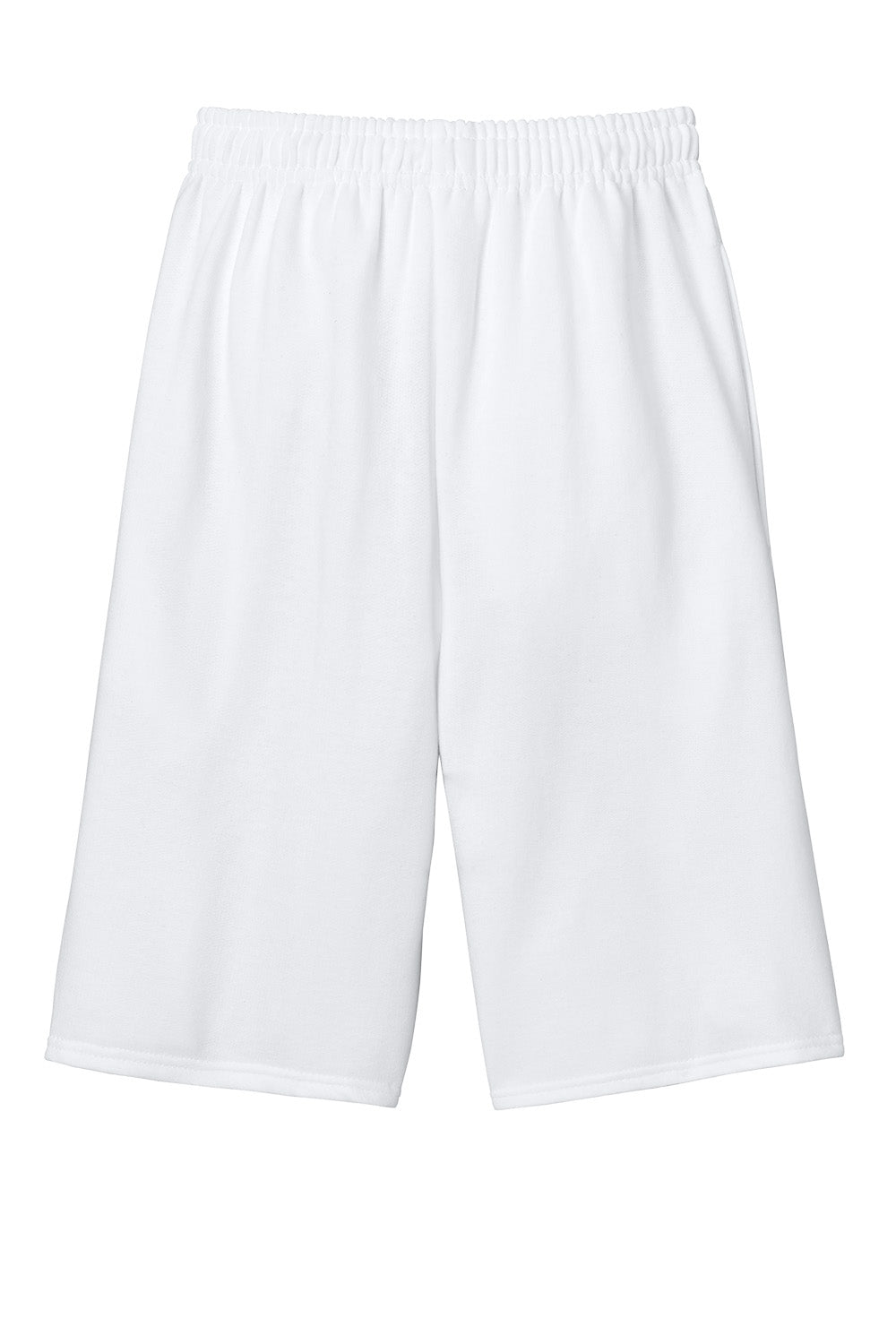 White Jerzees® Unisex NuBlend® Pocketed Sweat Short, comfortable sweatpants with front pockets, ideal for casual wear.