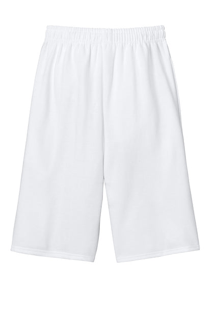 White Jerzees® Unisex NuBlend® Pocketed Sweat Short, comfortable sweatpants with front pockets, ideal for casual wear.