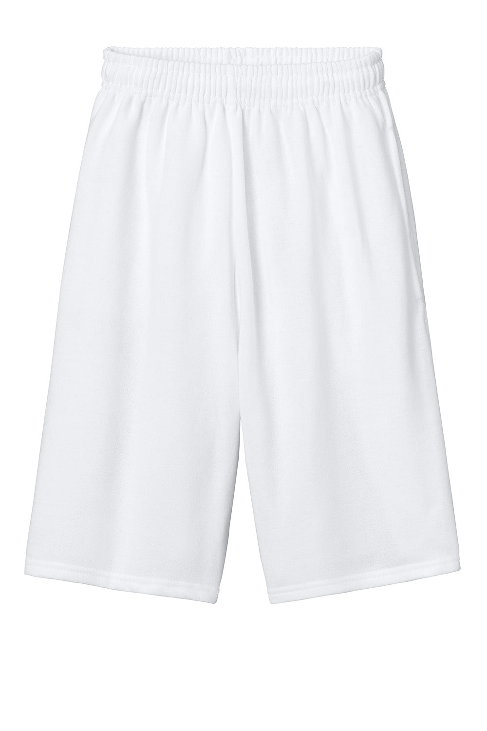 White Jerzees® Unisex NuBlend® Pocketed Sweat Shorts with front pockets, casual athletic style, shown flat front view.