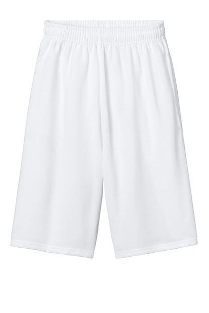 White Jerzees® Unisex NuBlend® Pocketed Sweat Shorts with front pockets, casual athletic style, shown flat front view.