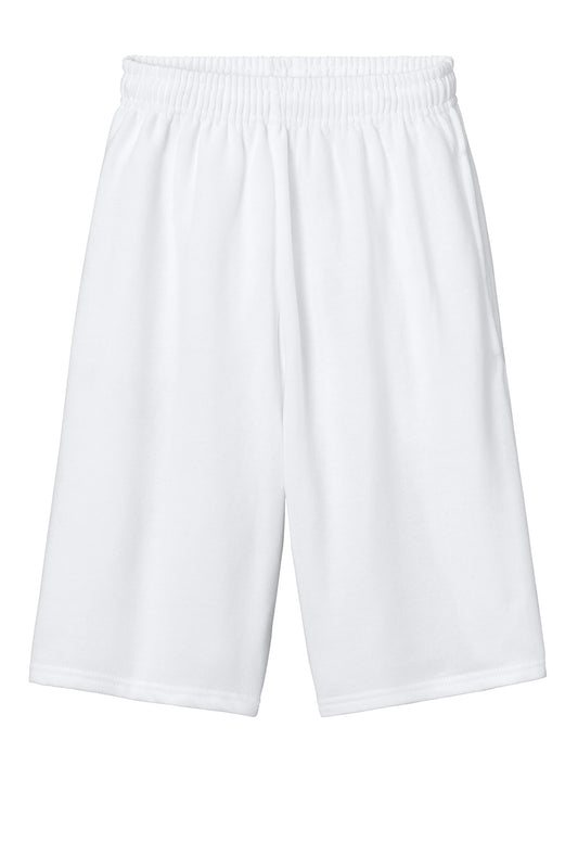 White Jerzees® Unisex NuBlend® Pocketed Sweat Shorts with front pockets, casual athletic style, shown flat front view.