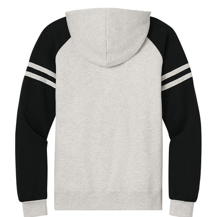 Jerzees Unisex NuBlend Varsity Colorblock Hooded Sweatshirt back view -white with contrast hood green lining and stripes, great for full-back prints - Print-View