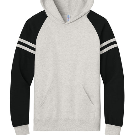 Jerzees Unisex NuBlend Varsity Colorblock Hooded Sweatshirt front view -white body with contrast black sleeves and varsity stripes, perfect for teamwear - Print-View