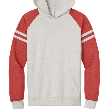 Jerzees Unisex NuBlend Varsity Colorblock Hooded Sweatshirt front view -white/red body with contrast sleeves, custom print ready