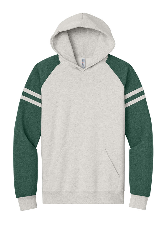 Unisex Jerzees NuBlend varsity colorblock hooded sweatshirt in oatmeal heather and forest green, front view showing colorblock design.