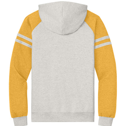 Jerzees Unisex NuBlend Varsity Colorblock Hooded Sweatshirt back view -witw/yelloe with contrast hood lining and stripes, custom embroidery ready - Print-View