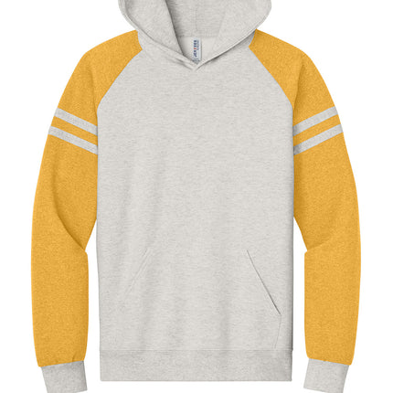 Jerzees Unisex NuBlend Varsity Colorblock Hooded Sweatshirt front view - white/yellow body with contrast sleeves, personalization available