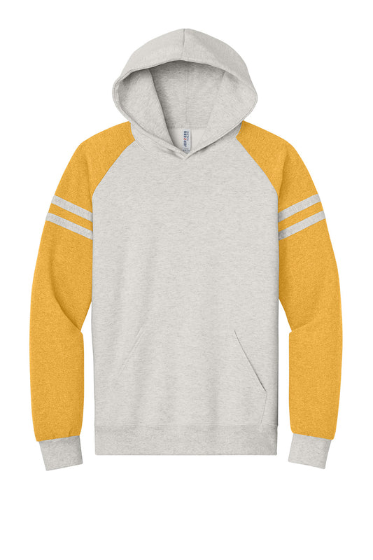 Unisex Jerzees NuBlend varsity colorblock hoodie sweatshirt in oatmeal and mustard Heather, front view.