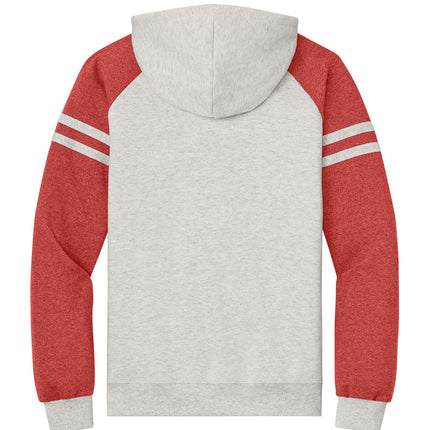 Jerzees Unisex NuBlend Varsity Colorblock Hooded Sweatshirt back view -white with contrast hood green lining and stripes, embroidery-ready - Print-View