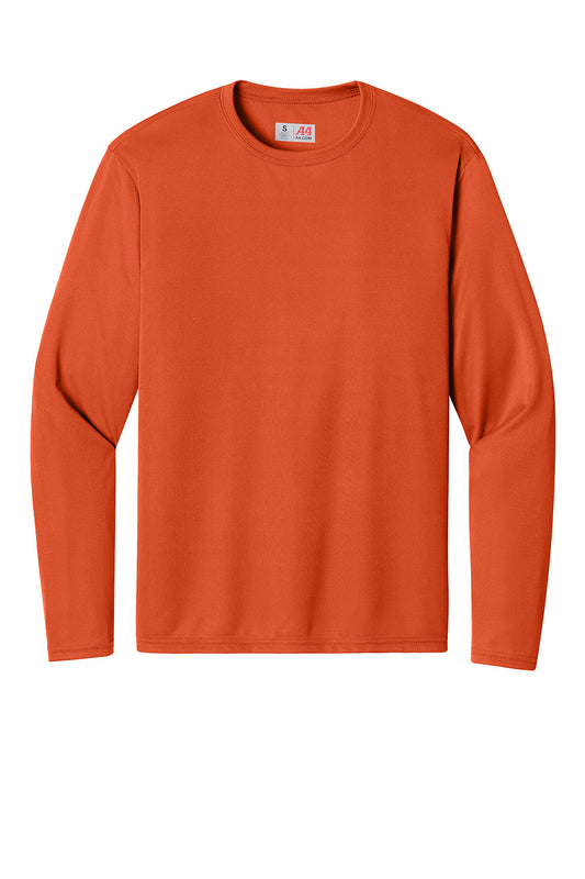 Print-View A4 Cooling Performance long sleeve T-shirt in athletic orange, front view showing breathable fabric and sleek fit.