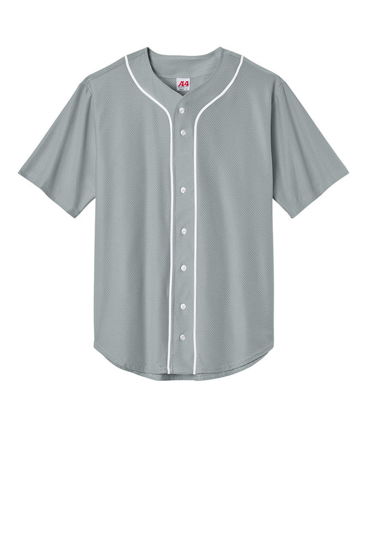 Gray A4 short sleeve baseball jersey with full button front and Print-View brand logo on the chest.
