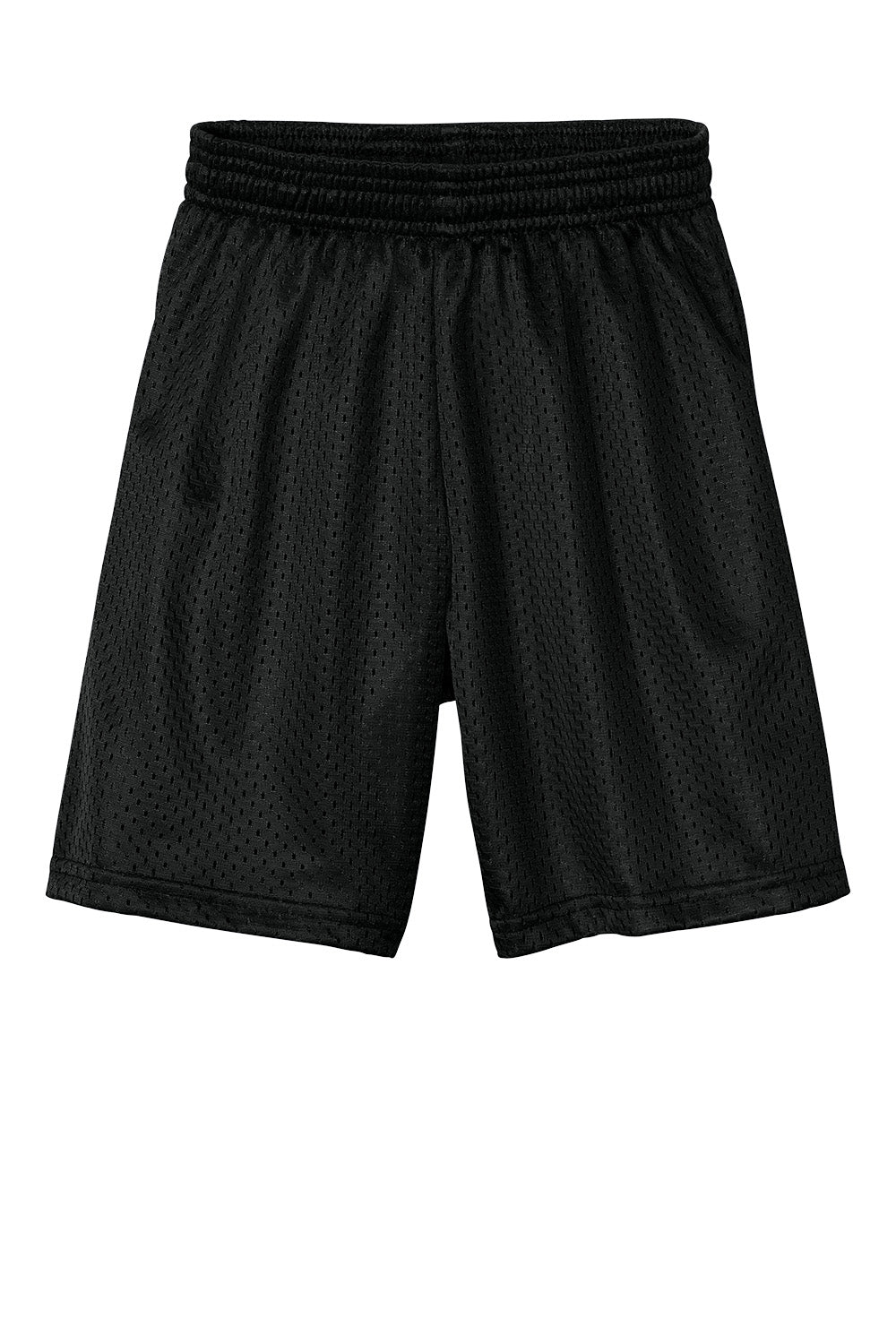 Black A4 Youth Sprint 6-inch mesh athletic shorts by Print-View, flat front design, suitable for active wear.