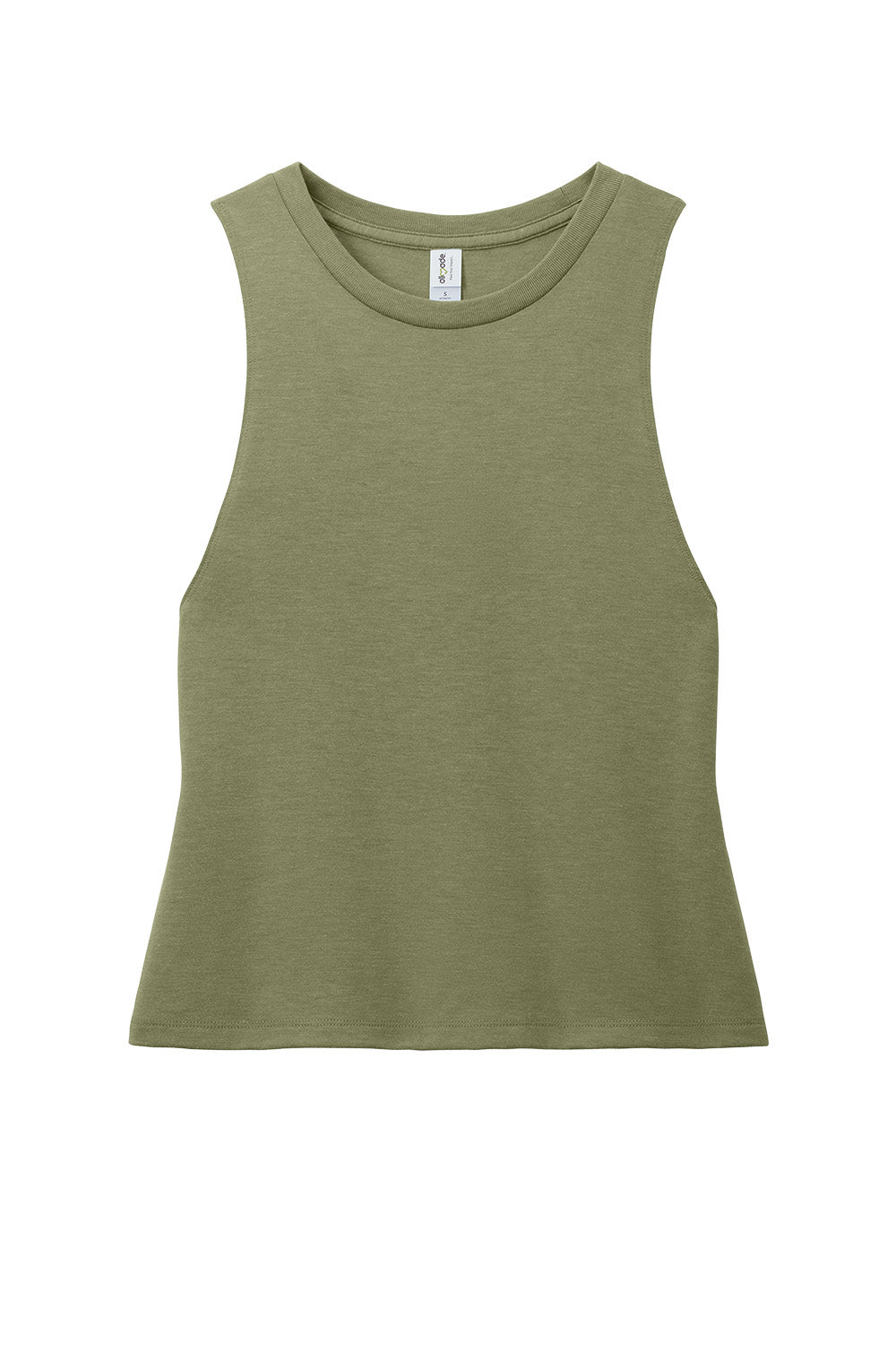 Allmade Women’s olive green tri-blend muscle tank top with a flat front design, featuring a casual sleeveless style.