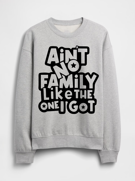 Gray Lane 7 crewneck sweatshirt with "Ain't No Family Like The One I Got" printed in black text on front.