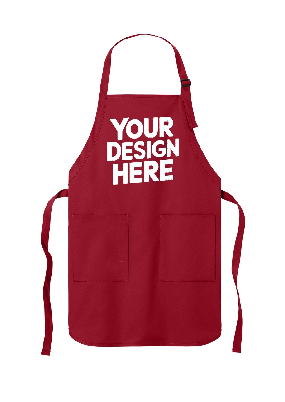 Red personalized apron with custom printed or embroidered design, ideal for cooking or work, by Print-View.