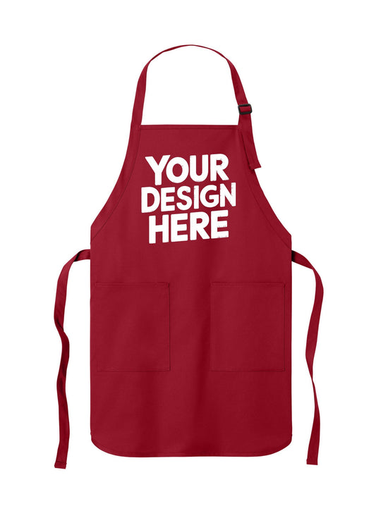 Red personalized apron from Print-View, featuring custom printed or embroidered design, perfect for kitchen or work use.