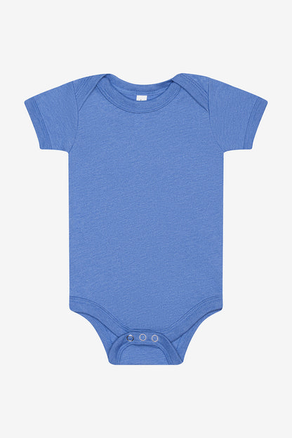 Heather Columbia Blue infant jersey short sleeve one-piece by Print-View, flat front view showing soft fabric and simple design.