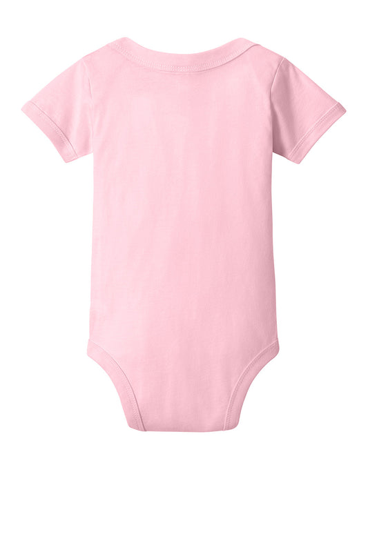 Pink BELLA+CANVAS infant jersey short sleeve one-piece with flat back design, made by Print-View for comfortable baby wear.