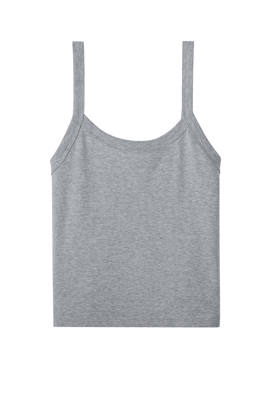 Light gray BELLA+CANVAS women's micro rib spaghetti strap crop top by Print-View, flat front view.