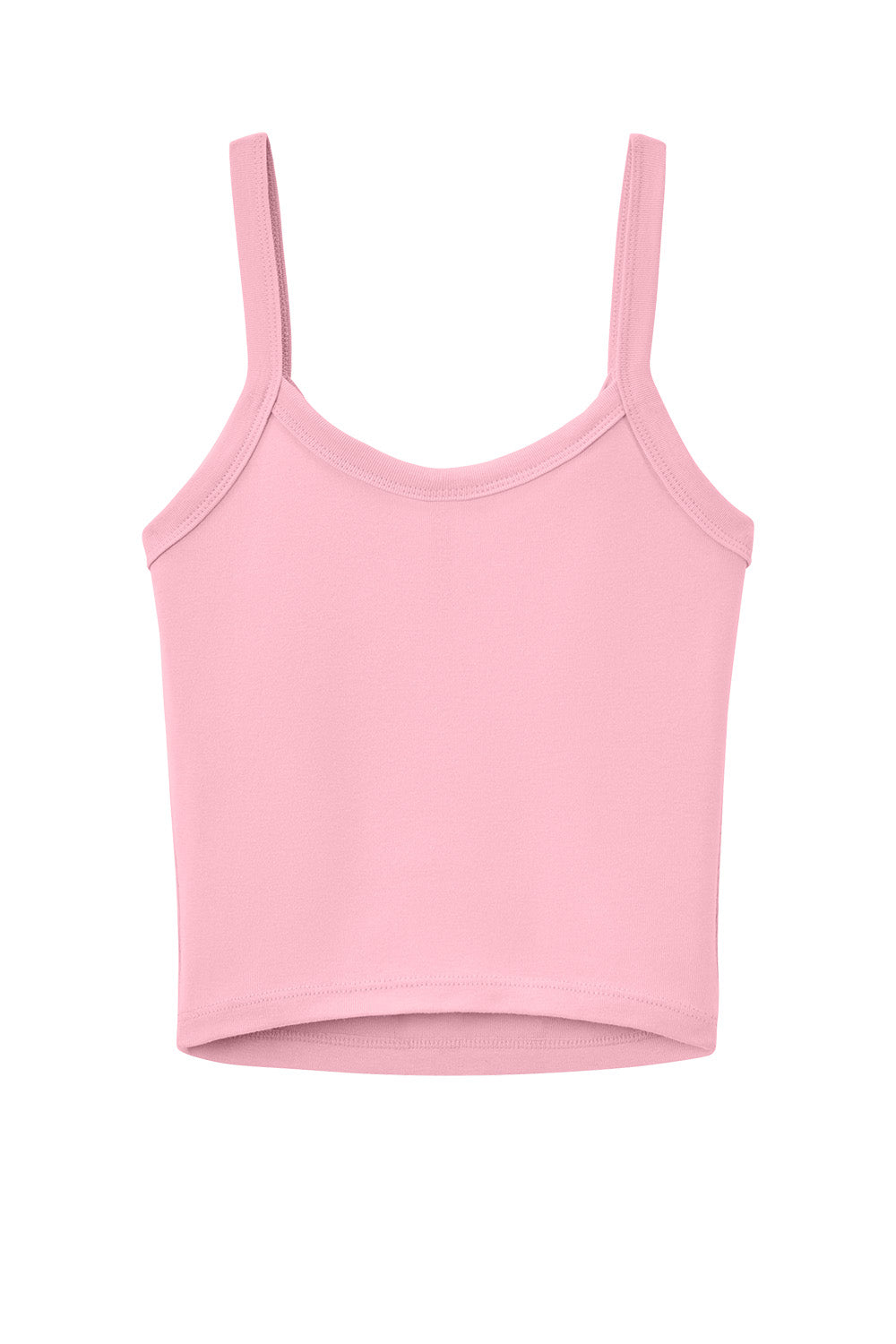 Pink BELLA+CANVAS women’s micro rib spaghetti strap crop top with a flat back, made by Print-View.