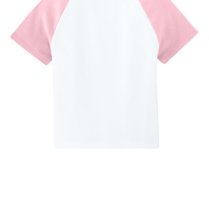 “Custom Bella+Canvas Micro Rib Raglan Baby Tee White _pink– back view, blank layout for customization”