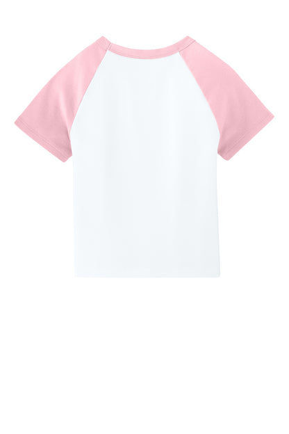 White BELLA+CANVAS Women’s Micro Rib Raglan Baby Tee with pink sleeves, flat back view of this stylish women's T-shirt.