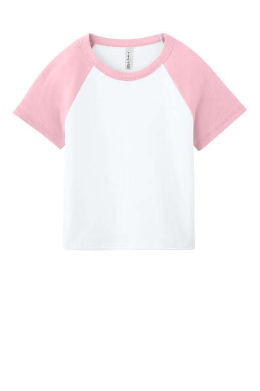 White women's Micro Rib Raglan Baby Tee by BELLA+CANVAS® with pink sleeves, flat front view, casual and comfortable style.