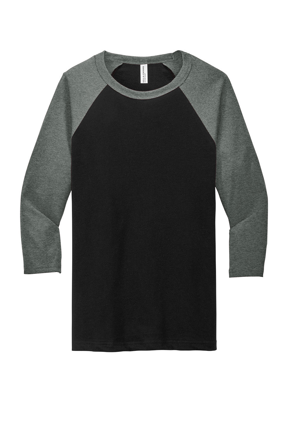 Black deep heather Bella+Canvas unisex 3/4-sleeve baseball tee with a flat front design, showcasing classic sporty style.