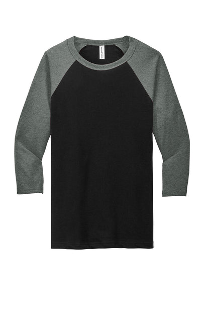 Black deep heather Bella+Canvas unisex 3/4-sleeve baseball tee with a flat front design, showcasing classic sporty style.