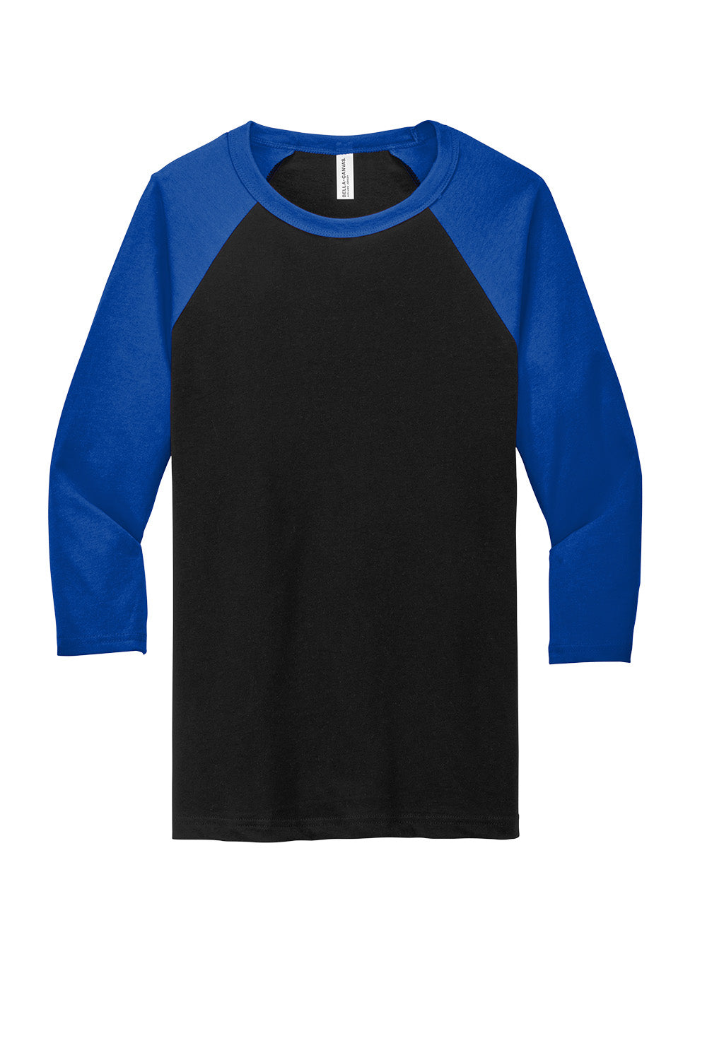 Black and true royal blue unisex 3/4-sleeve baseball tee by Print-View, flat front view showcasing classic athletic style.