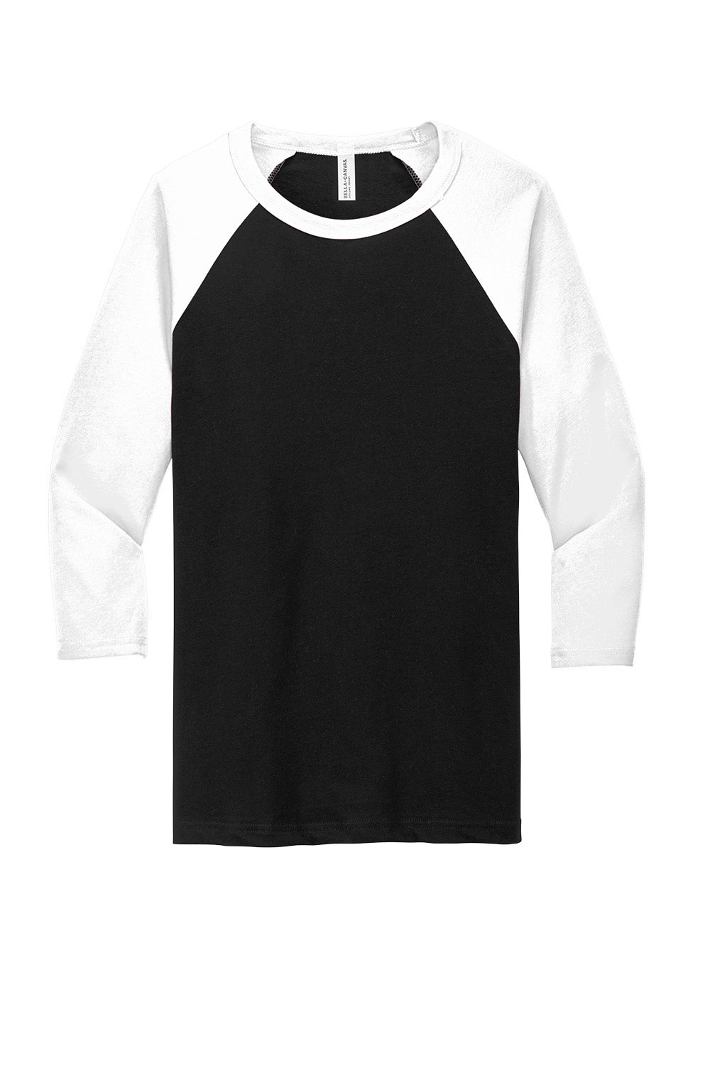 Black and white unisex 3/4-sleeve baseball tee by Print-View, front view showing classic casual style and soft fabric.