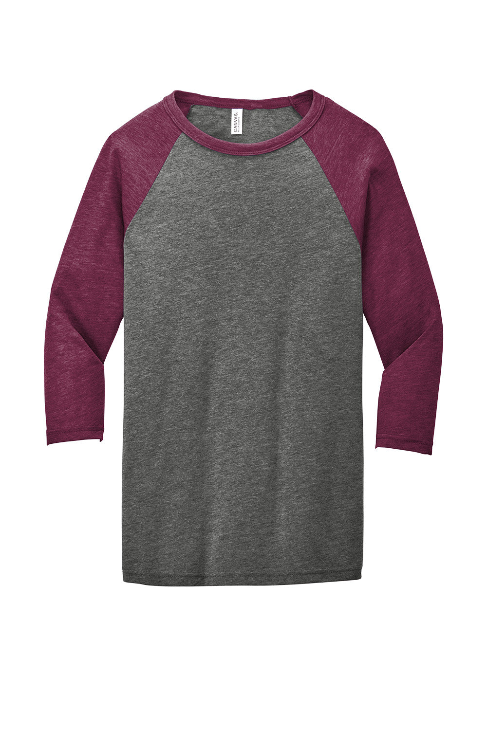 Print-View BELLA+CANVAS unisex 3/4-sleeve baseball tee in grey maroon triblend, flat front view showing casual style and fabric texture.