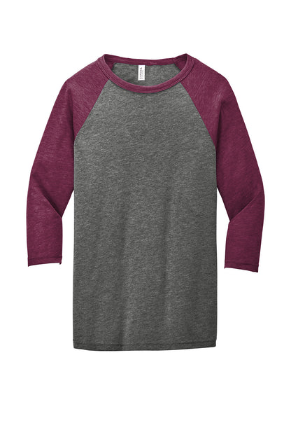 Print-View BELLA+CANVAS unisex 3/4-sleeve baseball tee in grey maroon triblend, flat front view showing casual style and fabric texture.