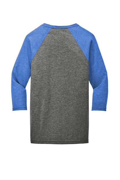 Grey and true royal triblend BELLA+CANVAS unisex 3/4-sleeve baseball tee with flat back design.
